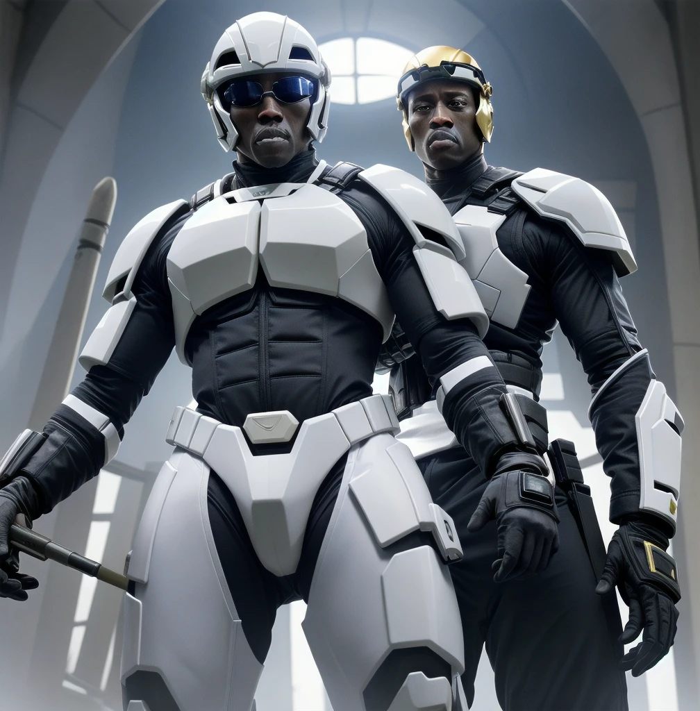 Wesley Snipes as Michael, the Right Hand of the Creator. Co-Leader of the Archangels, A crack squad of futuristic and highly technically advanced warriors. Ancient, but not old. Powerful, IN a white and black winged exo-mecha suit, tight fitting, open faced, with futuristic golden HALO/helmet with visor
