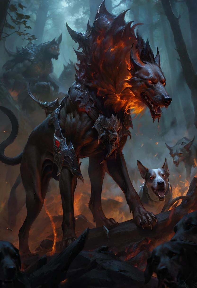 Hell hounds are cruel, intelligent hunters, particularly dangerous in packs. They are tireless trackers. Fire giants are natural allies, at least until the giant makes the mistake of treating the hell hound as a pet. Small knights who revere Asmodeus or another archdevil can use hell hounds as mounts. Disturbingly, there is a process by which common dogs can be slowly transformed into hell hounds. By feeding the animal a diet of cambion blood and sinister alchemical supplements, the hound slowly becomes more vicious as it gains fiendish qualities. A typical hell hound stands 4–5 feet tall at the shoulder and weighs 120 pounds. Efficient hunters, a favorite pack tactic is to surround prey quietly, then attack with one or two hounds, driving prey toward the rest of the pack with their fiery breath. If the prey doesn’t run, the pack closes in. Hell hounds track fleeing creatures relentlessly. Hell hounds are particularly favored by fire giants, as the creatures are immune to fire and share the fire giant’s sense of cruelty when it comes to handling intruders. Only when a fire giant goes too far toward treating a relatively intelligent hell hound like a pet do such alliances begin to falter. ((best quality, masterpiece, representative work, official art, professional, ultra intricately detailed, 8k)) ((very realistic))
