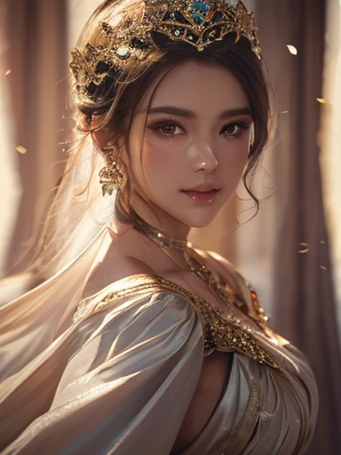 (걸작), 최고의 품질, 최상의 품질, 매우 상세한 CG Unity 8k 벽지, 원래의, 높은 해상도, (피사계 심도: 1.5), 충실도: 1.3, 소녀 1명, 커튼, 홀로, 귀걸이, 왕실의, 공주,행복하다