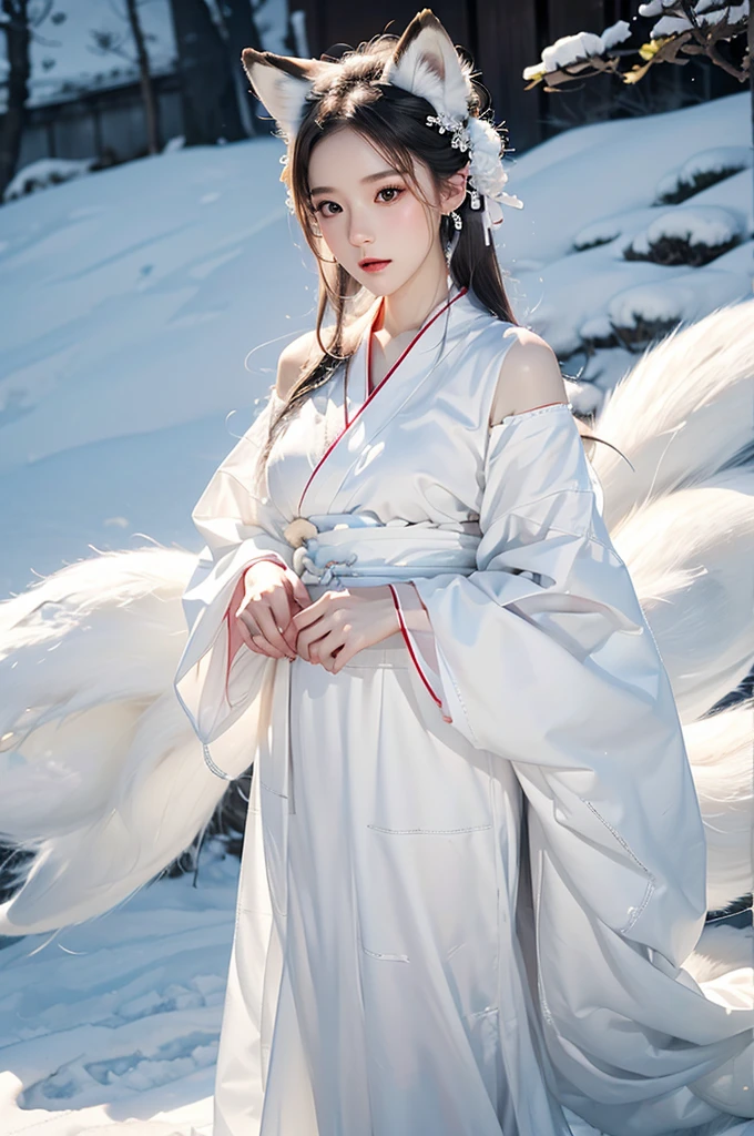 best quality, 8k, very delicate and beautiful, highly detailed face and skin texture, shiny skin, high resolution, white long hair japanese girl in white kimono with white fox ears and white fox tail on a snow hill, full body, sharp focus