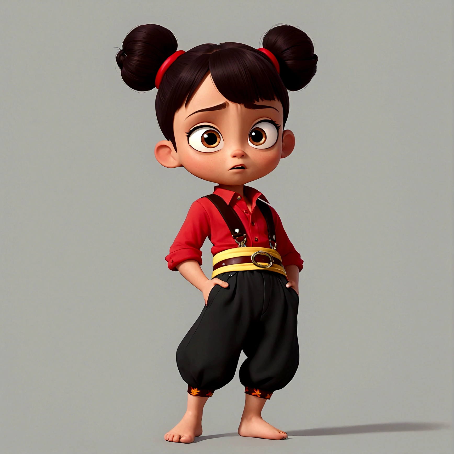 1boy，Cartoon Characters，Double bun，Red hair band，Red shirt，belt，Black pants，barefoot，solo