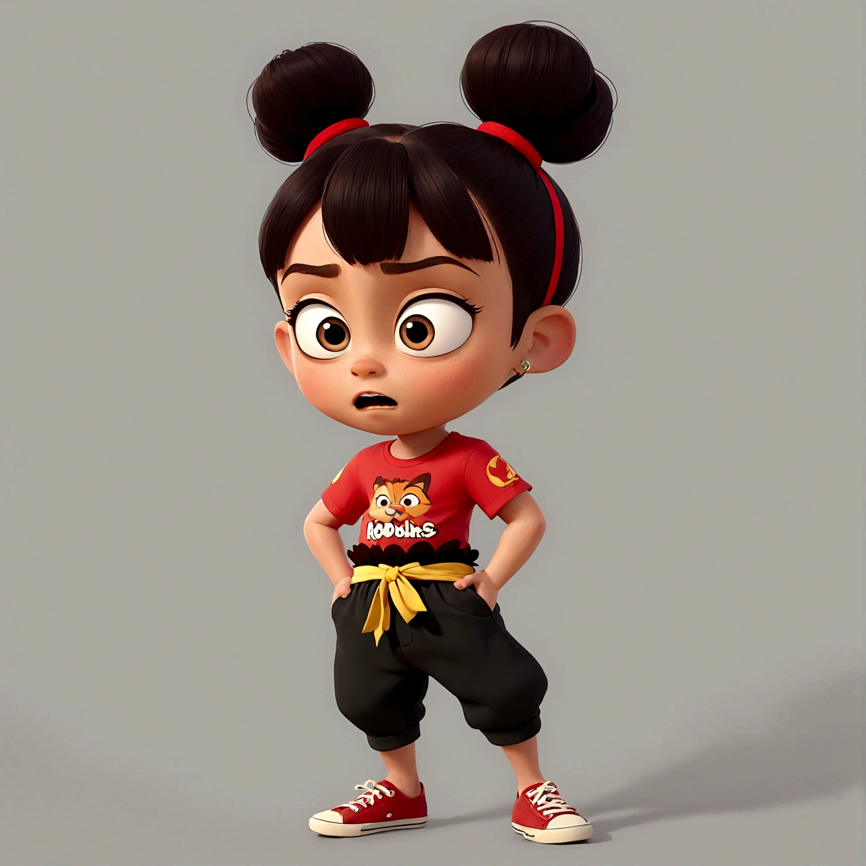 1boy，Cartoon Characters，Double bun，Red hair band，Red shirt，belt，Black pants，barefoot，solo