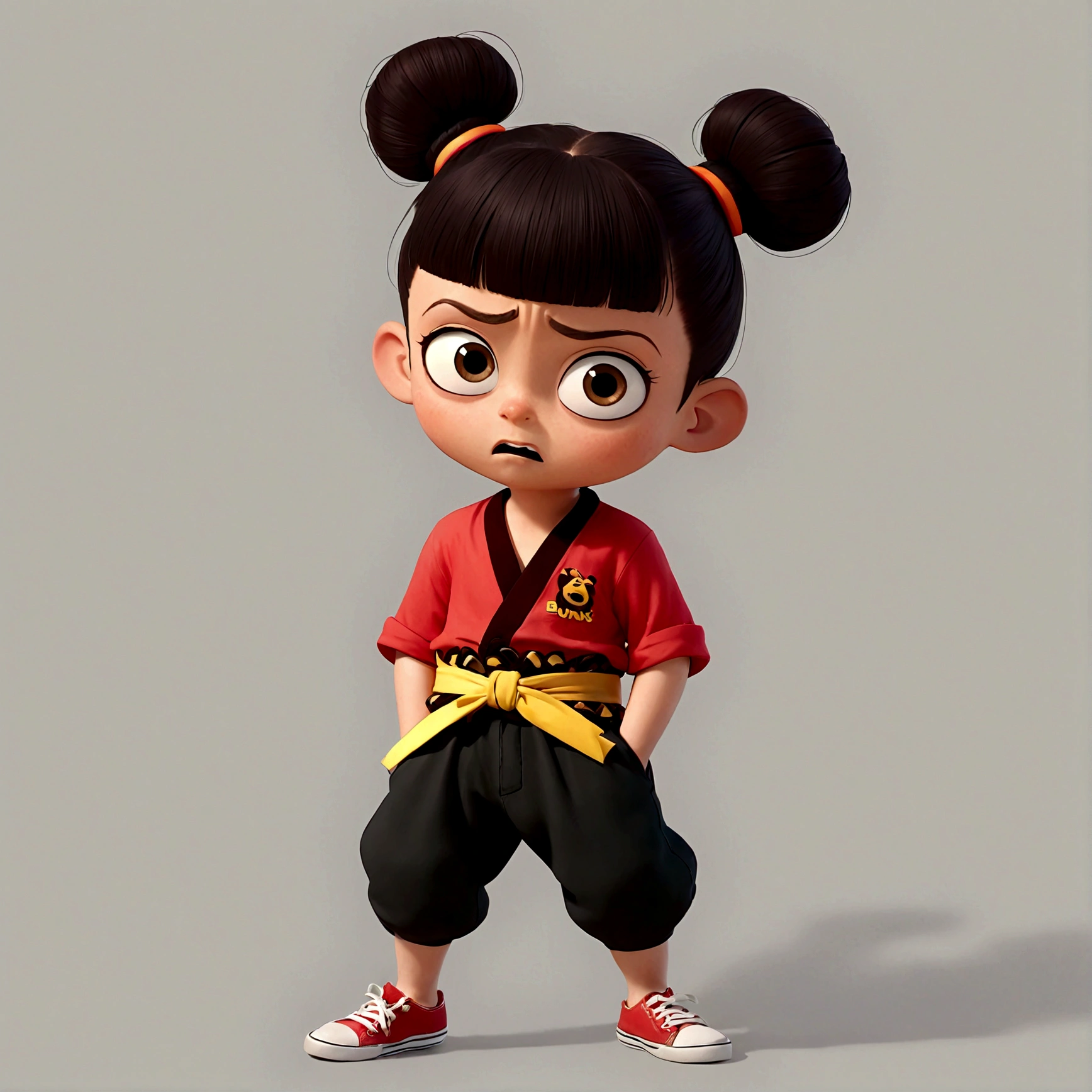 1boy，Cartoon Characters，Double bun，Red hair band，Red shirt，belt，Black pants，barefoot，solo