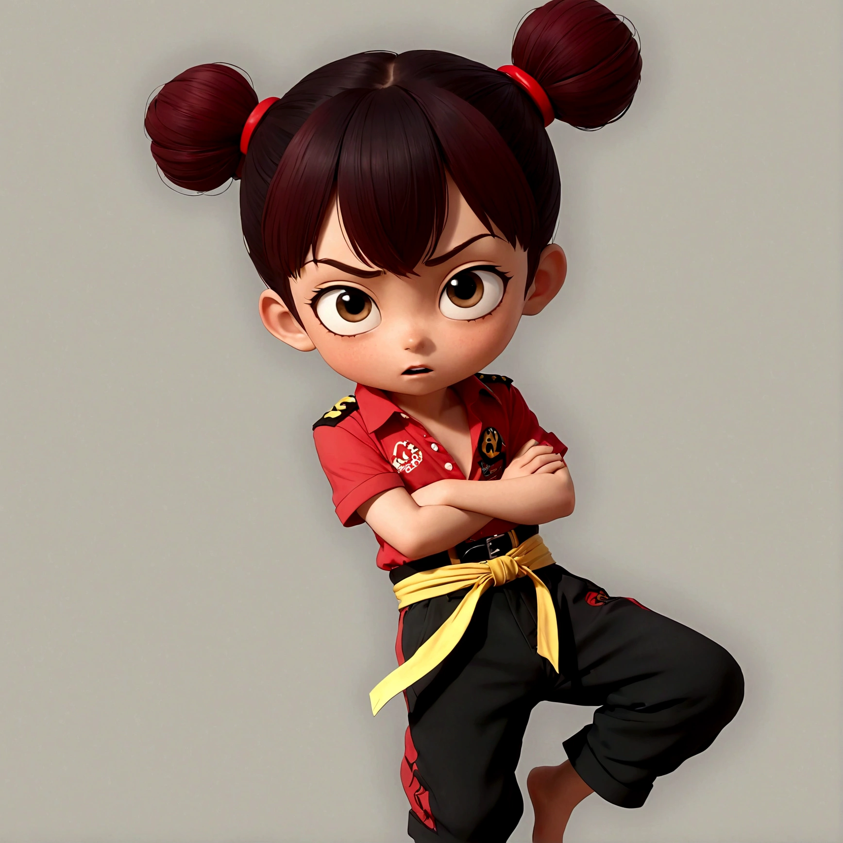 1boy，Cartoon Characters，Double bun，Red hair band，Red shirt，belt，Black pants，barefoot，solo