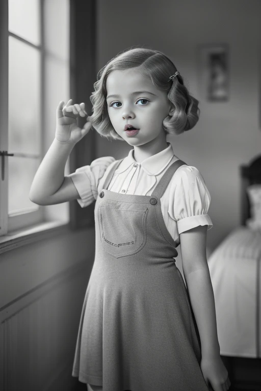 Molching, Germany, 1939. ((((10-year-old)) Liesel Meminger)), very thin, kind, big-hearted, dangerous dark eyes, at school, (((sad expression))). ((((casual poor girl clothings from the 1930)))), ((dark-blond hairstyle of the 1930s)), ((tugging)), malicious lolita, provocative, 