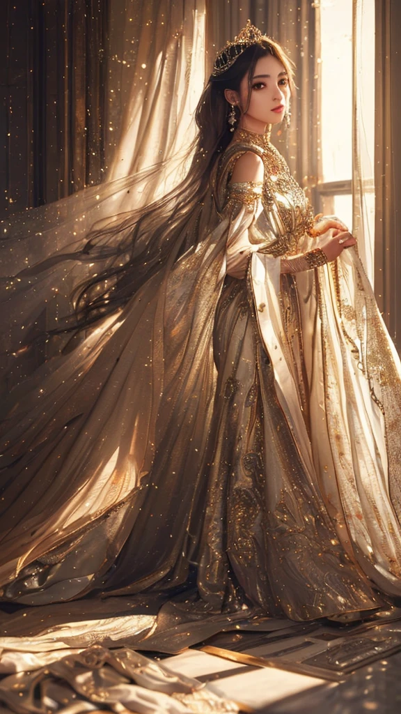 (Masterpiece), best quality, highest quality, highly detailed CG unity 8k wallpaper, original, high resolution, (depth of field: 1.5), fidelity: 1.3, 1 girl, curtains, solo, earrings, royal, princess,happy, full body