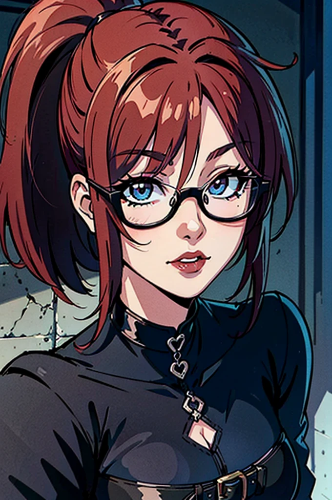 cel shading, detailed eyes, best quality, highly detailed, masterpiece, best quality, solo female, vampire woman, black square glasses, hair between eyes, long side locks, long dark red hair, detailed nose, red lipstick, hair in ponytail, ponytail, black choker, gothic dress, half-body, 