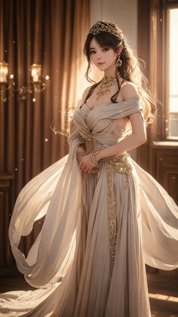 (Masterpiece), best quality, highest quality, highly detailed CG unity 8k wallpaper, original, high resolution, (depth of field: 1.5), fidelity: 1.3, 1 girl, curtains, solo, earrings, royal, princess,happy, full body