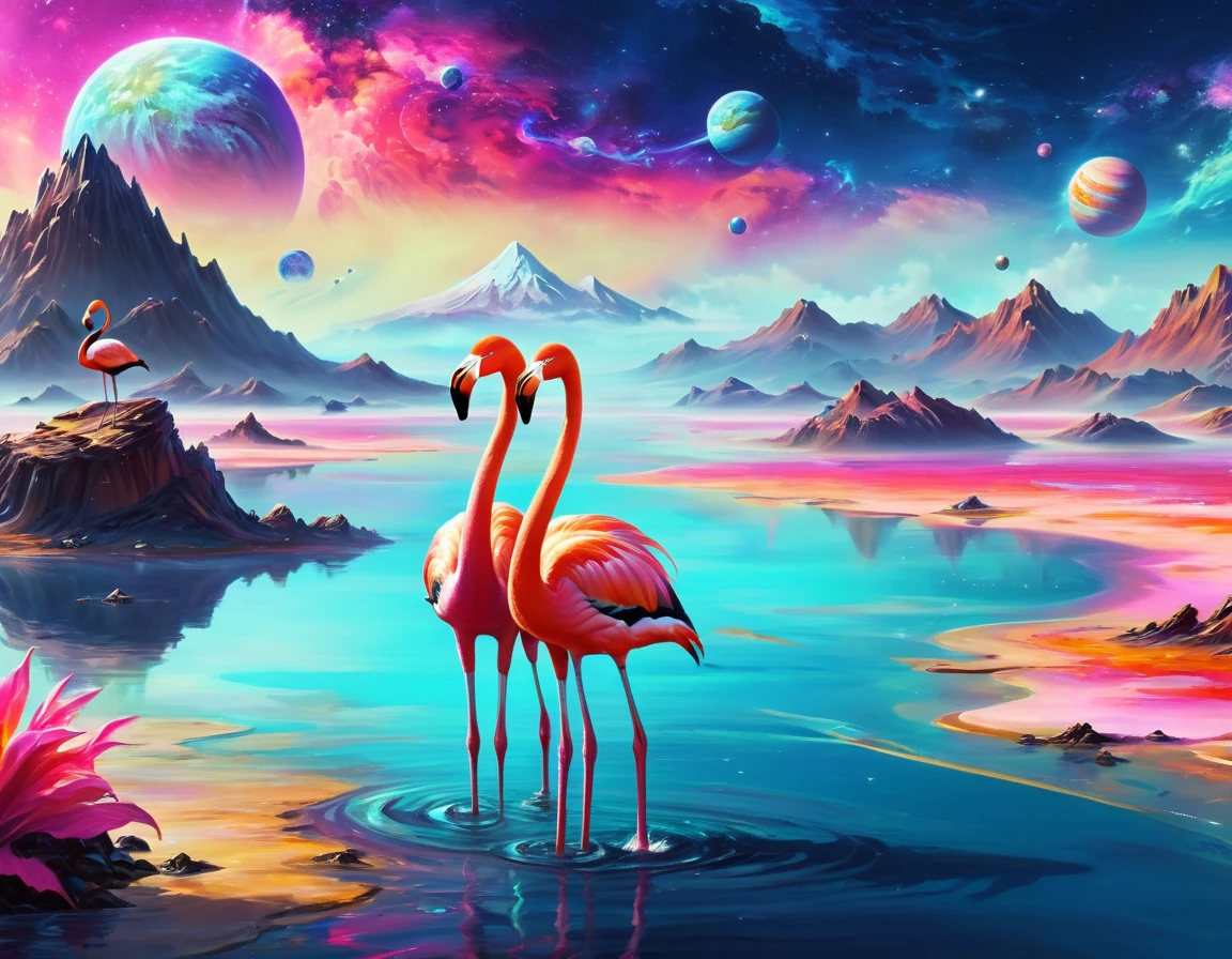 Flamingos standing in the water with their necks touching each other, Flamingos, Flamingoes, Flamingo, Acht mal 8k, Sakimi, schön und anmutig,erstaunlicher Hintergrund, wunderschöne Kunstwerke,Farbenfrohe Landschaftszeichnung von Planeten und Bergen, Detaillierte Träume, Steamwave-Science-Fiction, Weltraumlandschaft, Auf einem bunten außerirdischen Planeten, Außerirdisches Paradies, Hyperrealer Raum, Psychedelische Landschaft, Fantasieplanet, Großartiger Hintergrund, kosmische Landschaft, Fantasieraum, turbulente fremde lebendige Landschaft, Weltraumhintergrund, fremde Landschaft, Episches surrealistisches 8K-Ölgemälde, Surrealer Ozean mit Dampfwelle