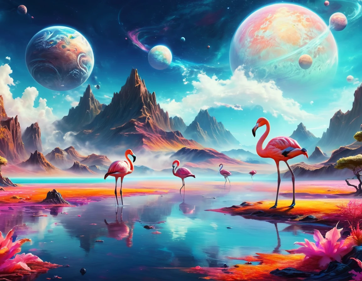 flamingos parados na água com os pescoços tocando um no outro, flamingos, flamingos, flamingo, Oito vezes 8k, sakimi, lindo e gracioso,fundo incrível, bela obra de arte,Desenho de paisagem colorida de planetas e montanhas, Sonhos detalhados, Ficção científica Steamwave, Paisagem Espacial, Em um planeta alienígena colorido, Paraíso alienígena, Espaço hiperreal, Paisagem psicodélica, planeta de fantasia, fundo magnífico, paisagem cósmica, espaço de fantasia, paisagem vívida alienígena turbulenta, fundo do espaço, paisagem alienígena, pintura a óleo surrealista épica 8K, Oceano surreal de ondas de vapor