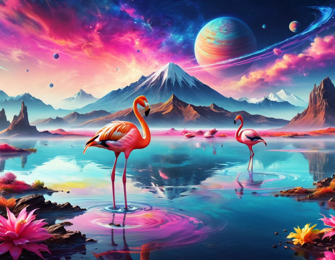 flamingos parados na água com os pescoços tocando um no outro, flamingos, flamingos, flamingo, Oito vezes 8k, sakimi, lindo e gracioso,fundo incrível, bela obra de arte,Desenho de paisagem colorida de planetas e montanhas, Sonhos detalhados, Ficção científica Steamwave, Paisagem Espacial, Em um planeta alienígena colorido, Paraíso alienígena, Espaço hiperreal, Paisagem psicodélica, planeta de fantasia, fundo magnífico, paisagem cósmica, espaço de fantasia, paisagem vívida alienígena turbulenta, fundo do espaço, paisagem alienígena, pintura a óleo surrealista épica 8K, Oceano surreal de ondas de vapor