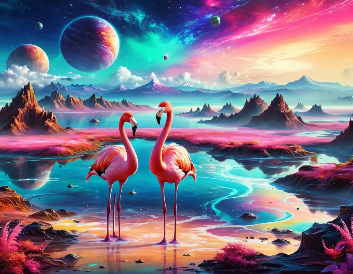 flamingos parados na água com os pescoços tocando um no outro, flamingos, flamingos, flamingo, Oito vezes 8k, sakimi, lindo e gracioso,fundo incrível, bela obra de arte,Desenho de paisagem colorida de planetas e montanhas, Sonhos detalhados, Ficção científica Steamwave, Paisagem Espacial, Em um planeta alienígena colorido, Paraíso alienígena, Espaço hiperreal, Paisagem psicodélica, planeta de fantasia, fundo magnífico, paisagem cósmica, espaço de fantasia, paisagem vívida alienígena turbulenta, fundo do espaço, paisagem alienígena, pintura a óleo surrealista épica 8K, Oceano surreal de ondas de vapor