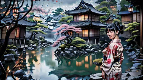 "in the slightly dim evening, the setting is kyoto, japan. against the backdrop of the old japanese townscape, a beautiful woman...