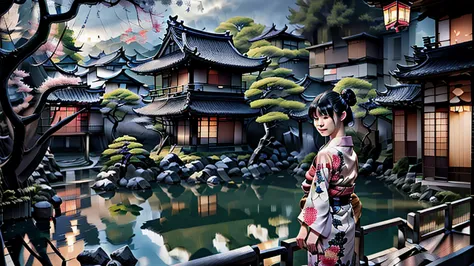 "in the slightly dim evening, the setting is kyoto, japan. against the backdrop of the old japanese townscape, a beautiful woman...