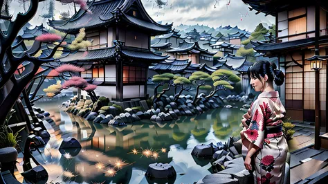 "in the slightly dim evening, the setting is kyoto, japan. against the backdrop of the old japanese townscape, a beautiful woman...