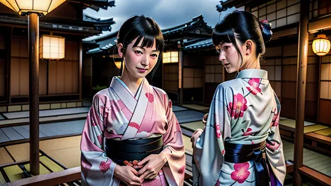 "in the slightly dim evening, the setting is kyoto, japan. against the backdrop of the old japanese townscape, a beautiful woman...