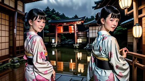 "in the slightly dim evening, the setting is kyoto, japan. against the backdrop of the old japanese townscape, a beautiful woman...