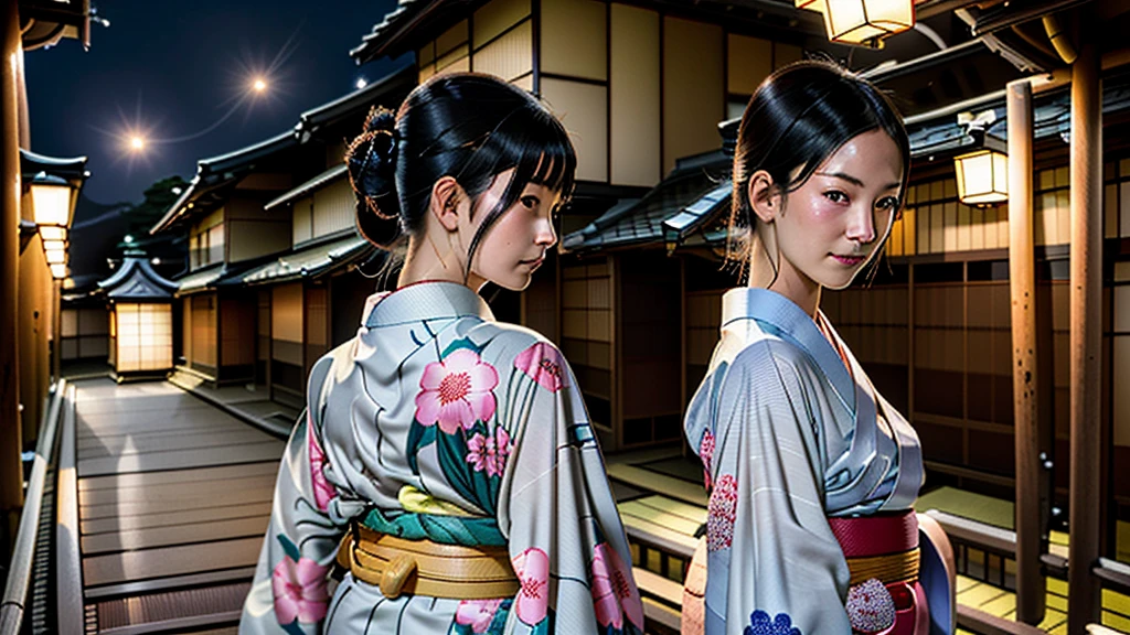 "In the slightly dim evening, the setting is Kyoto, Japan. Against the backdrop of the old Japanese townscape, a beautiful woman in a yukata is looking back. She resembles the famous "Mikaeri Bijin" by Hishikawa Moronobu. The woman in the kimono is illuminated by streetlights, with her long, lustrous black hair flowing, creating a very mystical atmosphere. She gazes at us without smiling."