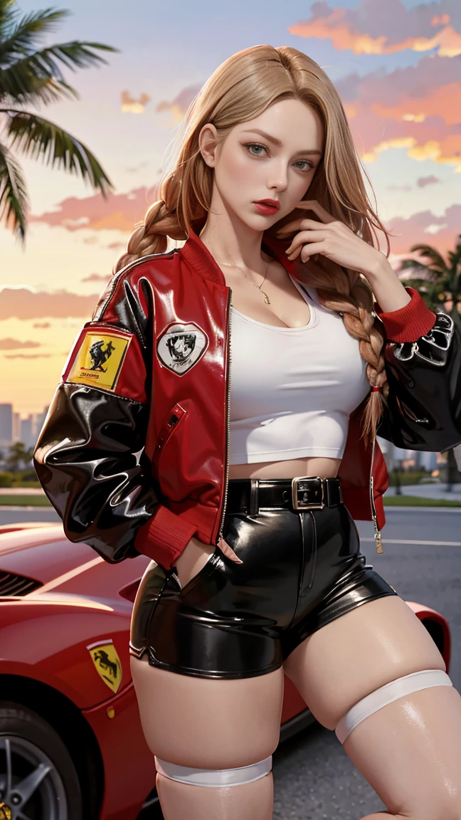 (masterpiece, best quality), absurd, Retro Girl, miami, Sunset, Ferrari, Palm tree, the 90s, Red hair, braid, White stockings, Black top, Bomber Jacket, High waist, belt, Latex shorts, puffy camel toe, Red background,