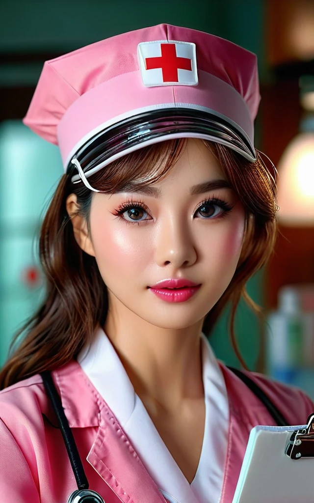 전신、분홍색_섹시하고 꽉 끼는 간호사 유니폼을 입은 젊고 매우 아름다운 간호사、매우 상세한 얼굴 특징、긴 속눈썹、두꺼운 입술、아름다운 눈、완벽한 피부、간호사 모자、의료 클립보드를 들고、매혹적인 모습、사실적인、8K、매우 상세한、시네마틱 조명、극적인 그림자、따뜻한 톤