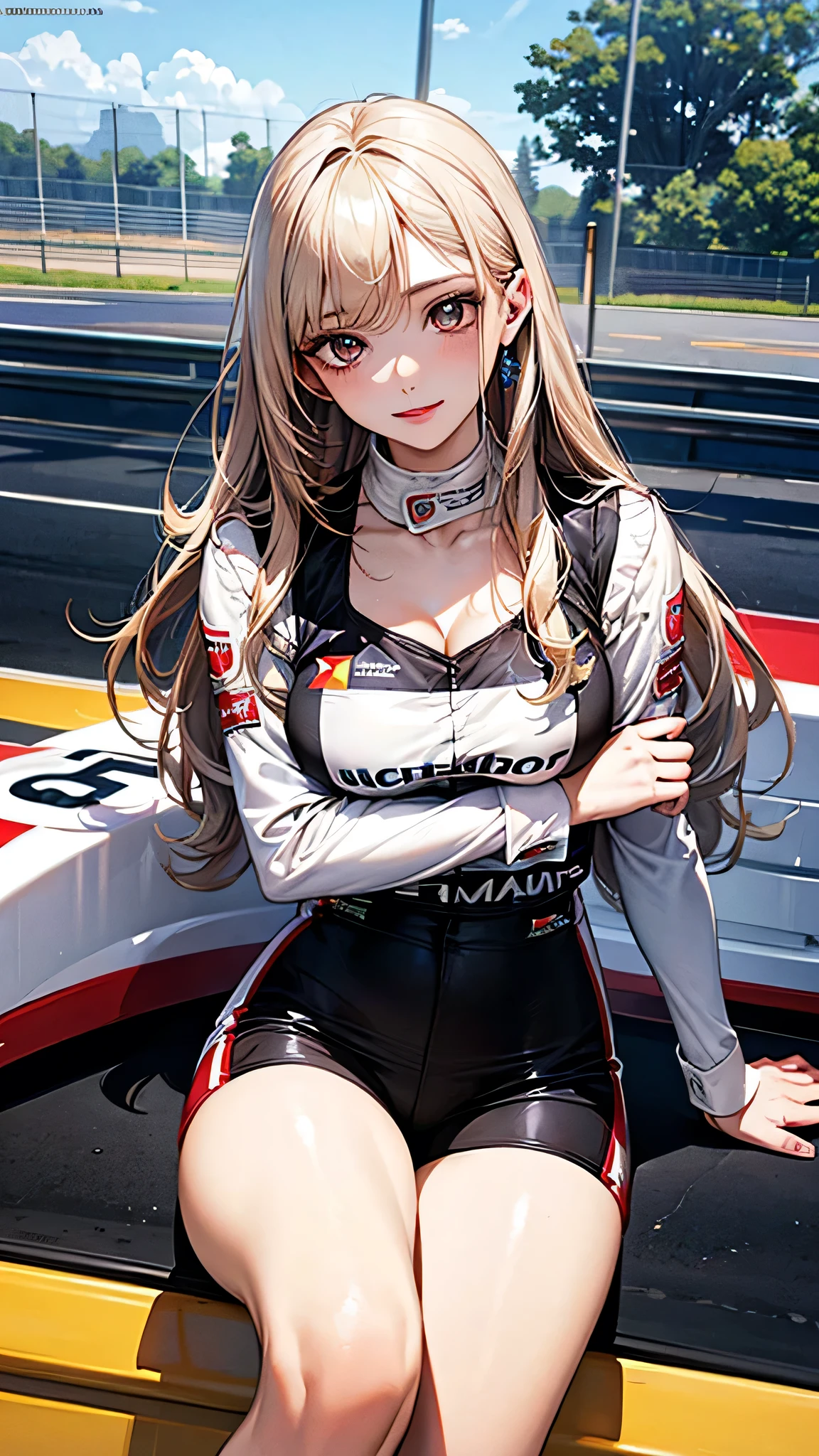 ((highest quality)), ((High resolution)), ((masterpiece)), (detailed), (photograph), 
View Viewer, Depth of written boundary, Anatomically correct, Mature Woman, racer, Perfect Face, Cute and symmetrical face, Shiny skin, 
(Long Hair, Platinum blonde hair), Chestnut brown eyes, Long Eyelashes, (Big Breasts:0.9), 
Beautiful Hair, Beautiful Face, Beautiful fine details, Beautiful body, Beautiful clavicle, Beautiful breasts, Beautiful thighs, Beautiful feet,
(Glossy enameled fabric, Sexy Uniform, Participate in a motorsport race), Racing Car, ride in a car, circuit, (A calm face),