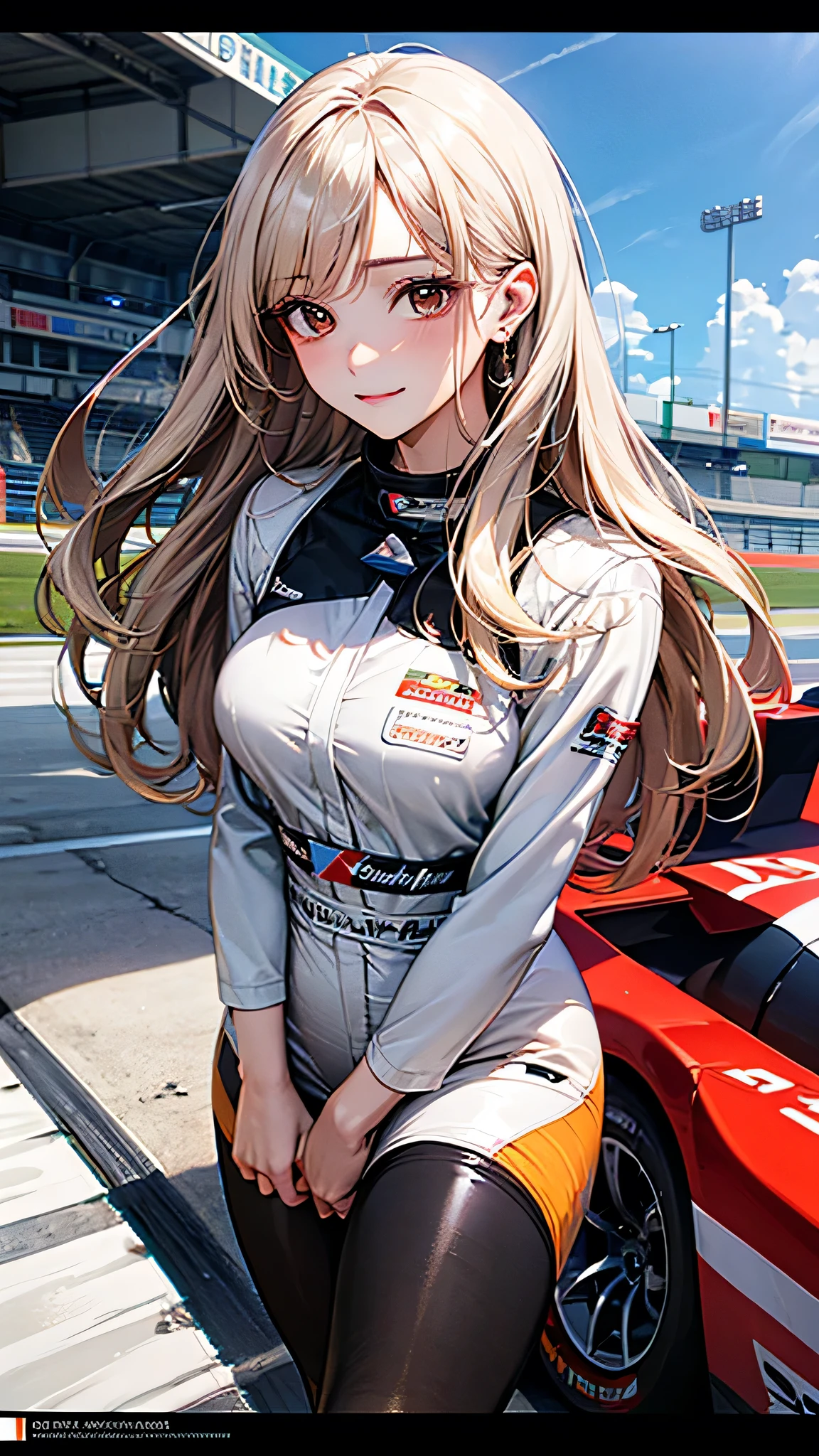 ((highest quality)), ((High resolution)), ((masterpiece)), (detailed), (photograph), 
View Viewer, Depth of written boundary, Anatomically correct, Mature Woman, racer, Perfect Face, Cute and symmetrical face, Shiny skin, 
(Long Hair, Platinum blonde hair), Chestnut brown eyes, Long Eyelashes, (Big Breasts:0.9), 
Beautiful Hair, Beautiful Face, Beautiful fine details, Beautiful body, Beautiful clavicle, Beautiful breasts, Beautiful thighs, Beautiful feet,
(Glossy enameled fabric, Sexy uniform with logo, Participate in a motorsport race), Racing Car, ride in a car, circuit, (A calm face),