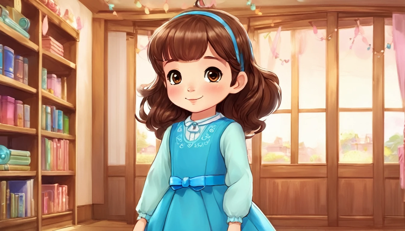 a small girl with brown hair, brown eyes, blue long-sleeved dress,