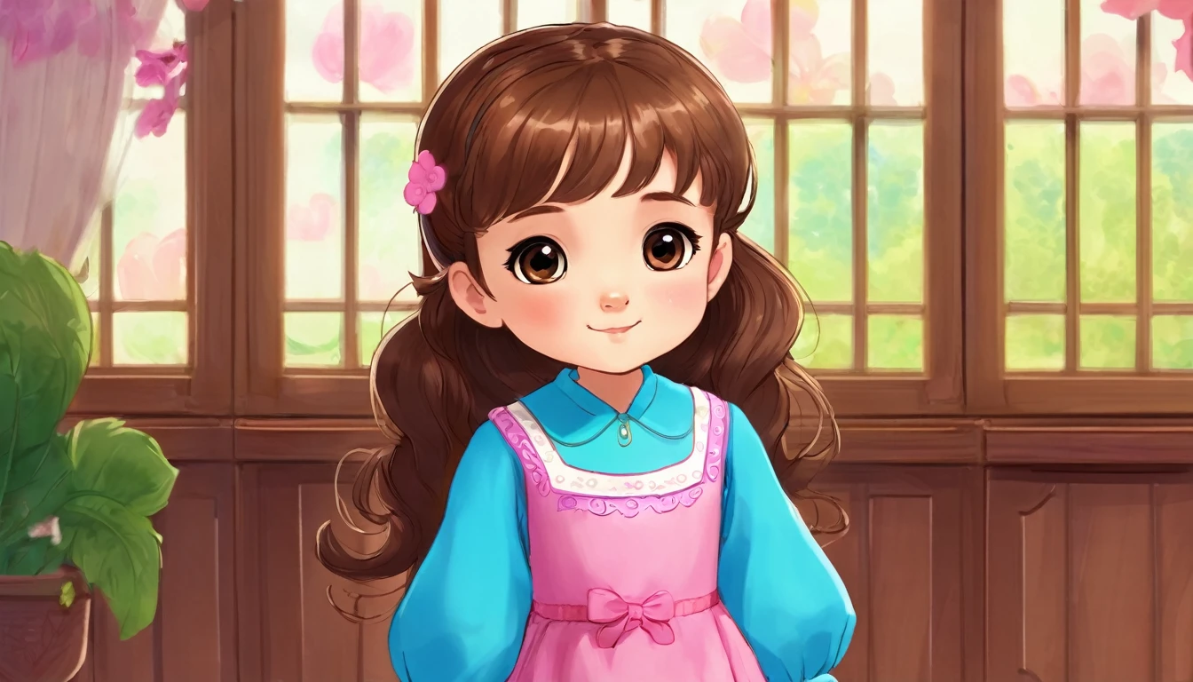 a small girl with brown hair, brown eyes, blue long-sleeved dress,