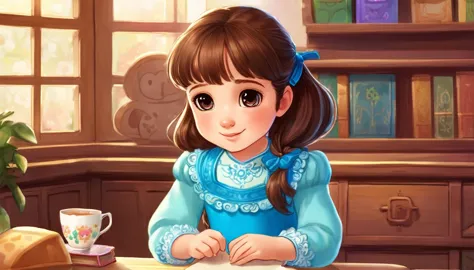 a small girl with brown hair, brown eyes, blue long-sleeved dress,