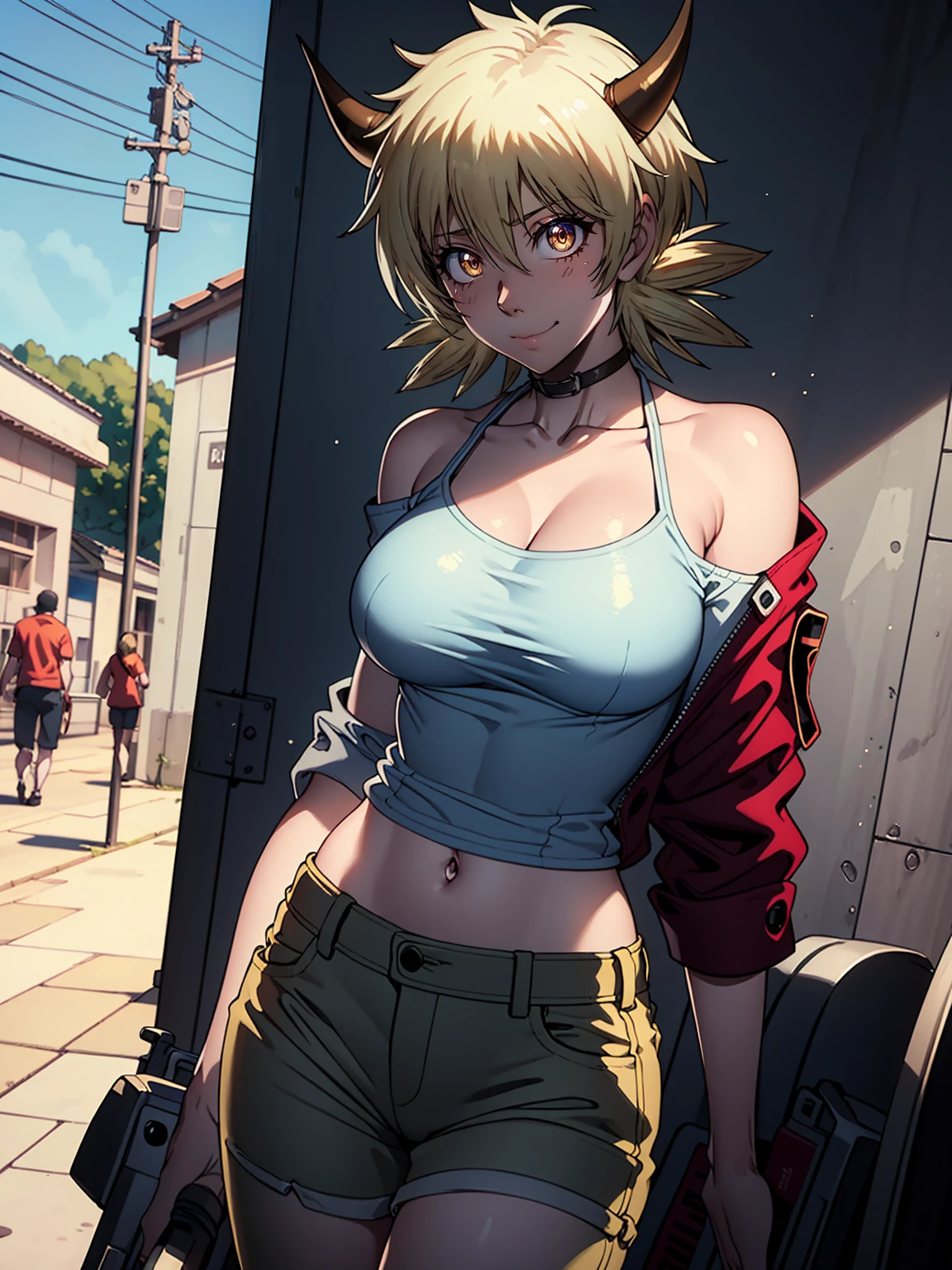 Masterpiece, Highly detailed, Best Quality, extra high resolution, 1girl, Horns, hairlong, looking a viewer, Average Breasts,, En plein air, power (chainsaw man), Day,  blusher, Smile, blue jacket, pants, horns demon, Yellow eyes, cross-shaped pupils, Shirt, Hair between the eyes, Black pants, (off-the-shoulder:1.3), (partially_unbuttoned:1.2), White shirt Ultra transparent, Chainsaw Man Energy, Two red sharp horns on the head, ultra sharp image, Ultra Beautiful, little chest. hairlong, blonde woman, Beautiful figure, taut clothes, T-shirt with the image of a cat, jean shorts, Shoes, bright yellow eyes, Red crosses and circles instead of pupils, handsome body, sexy clothes, Beautiful eyes, very detailed eyes, Very detailed face, handsome body, Cherecter Desing, Very detailed, Detailed body, Detailed hands, Detailed, Vibrants, Detailed Face, sharp-focus, WLOP, artgerm, anime art, Vibrants, Detailed Face, Hugh Details, sharp-focus, Very drooping face, A detailed eye, super fine illustration, better shadow, finely detail, Beautiful detail