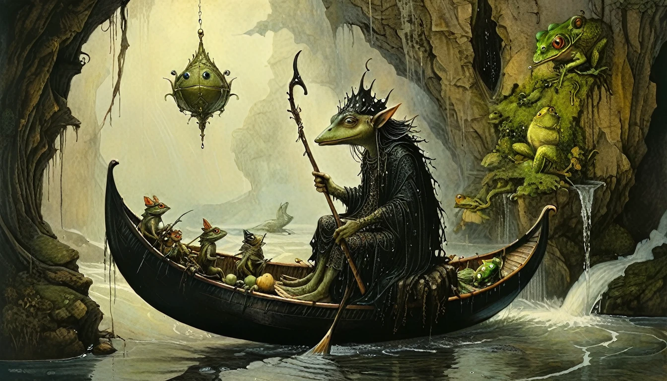a medieval druid in a canoe, a salimander sailing across a waterfall flowing from a frog's orifice, highly detailed, gothic fantasy, baroque art, ornate, dramatic lighting, chiaroscuro, masterpiece, 4k, ultra-detailed, by Duccio di Buoninsegna, Dave McKean style 