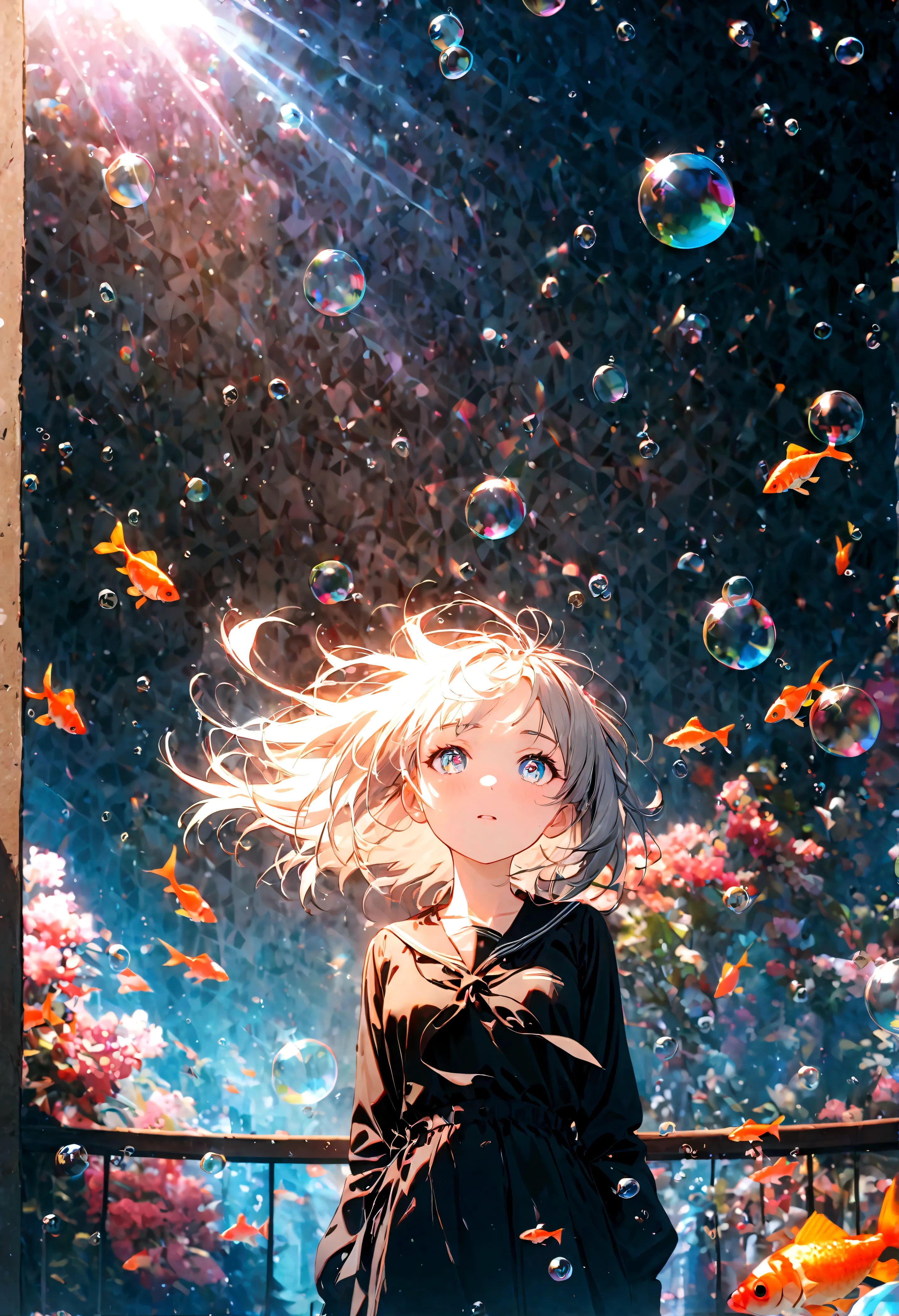 (woman\(student, 15 years old, ＪＫ, short hair, Silver Hair, Floating Hair, Space-colored eyes, Black sailor suit\(Of high school\), Pale skin, Tired face, No shine in the eyes\) Looking up at the sky), (Many goldfish are swimming in the air), Beautiful sky...