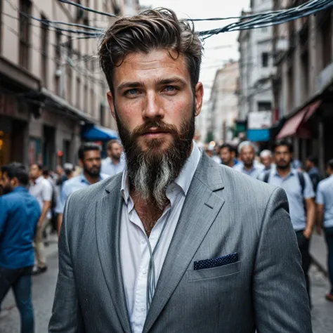 raw photo, full body portrait of a beautiful man with a beard in a grey suite, he stands in a crowded street with tangled power ...