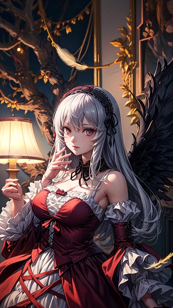 Moonlit Night、fly in the sky、Mercury lamp、Black feathers flutter down、ローゼンメイデンMercury lamp、masterpiece:1.2), highest quality, High resolution, ユニティ8kwallpaper, (figure:0.8), (Detailed and beautiful eyes:1.6), Highly detailed face, Perfect lighting, Extremely detailed CG, (Perfect hands, Perfect Anatomy), P, Anime Girls, best anime 4k, wallpaper, Detailed digital anime art, Detailed anime artワーク, アニメアートwallpaper 4k, アニメアートwallpaper 4k, Detailed anime art, アニメwallpaper 4k, アニメwallpaper 4k, アニメアートwallpaper 8K, 4k アニメwallpaper, 8k high quality detailed art、