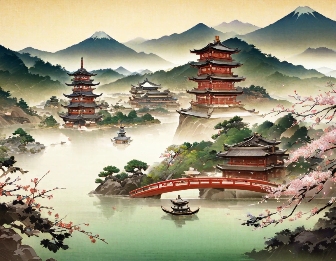 Mountain landscape painting with river and pagoda, Landscape Artwork, Japanese art style, Traditional Japanese painting, Japanese scenery, Injuried, Japanese style painting, Japanese Traditional Art, Japanese woodblock print style, Landscape Art Detail, Inspired by Urakami Gyodo, Inspired by Hiroshige, Visually stunning scenes, Japan