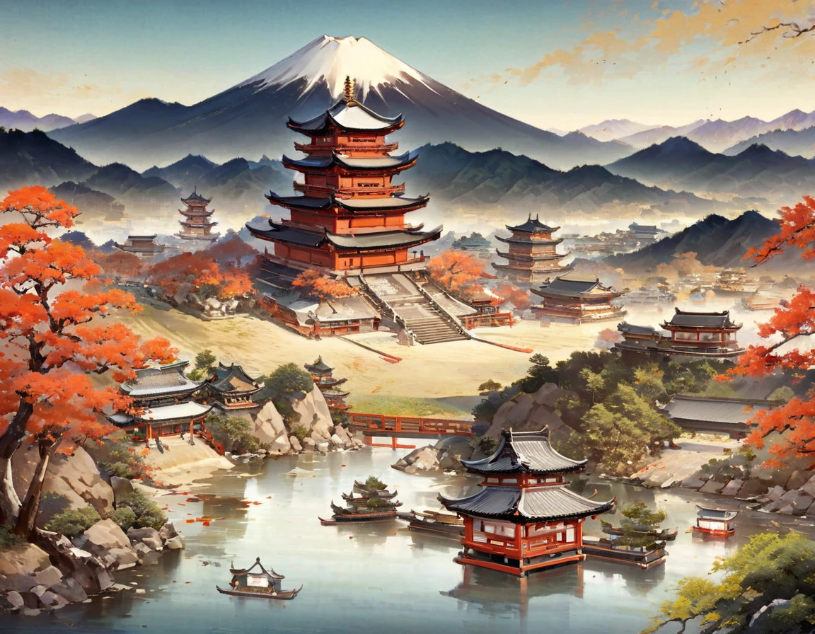 Mountain landscape painting with river and pagoda, Landscape Artwork, Japanese art style, Traditional Japanese painting, Japanese scenery, Injuried, Japanese style painting, Japanese Traditional Art, Japanese woodblock print style, Landscape Art Detail, Inspired by Urakami Gyodo, Inspired by Hiroshige, Visually stunning scenes, Japan