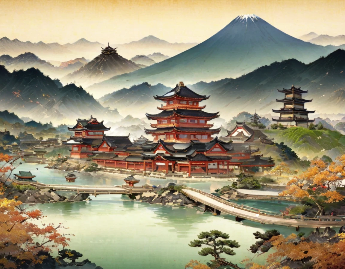 Berglandschaftsgemälde mit Fluss und Pagode, Landschaftskunstwerk, Japanischer Kunststil, Traditionelle japanische Malerei, Japanische Landschaften, Verletzt, Malerei im japanischen Stil, Traditionelle japanische Kunst, Japanischer Holzschnitt-Stil, Landschaftskunstdetail, Inspiriert von Urakami Gyodo, inspiriert von Hiroshige, Visuell atemberaubende Szenen, Japan