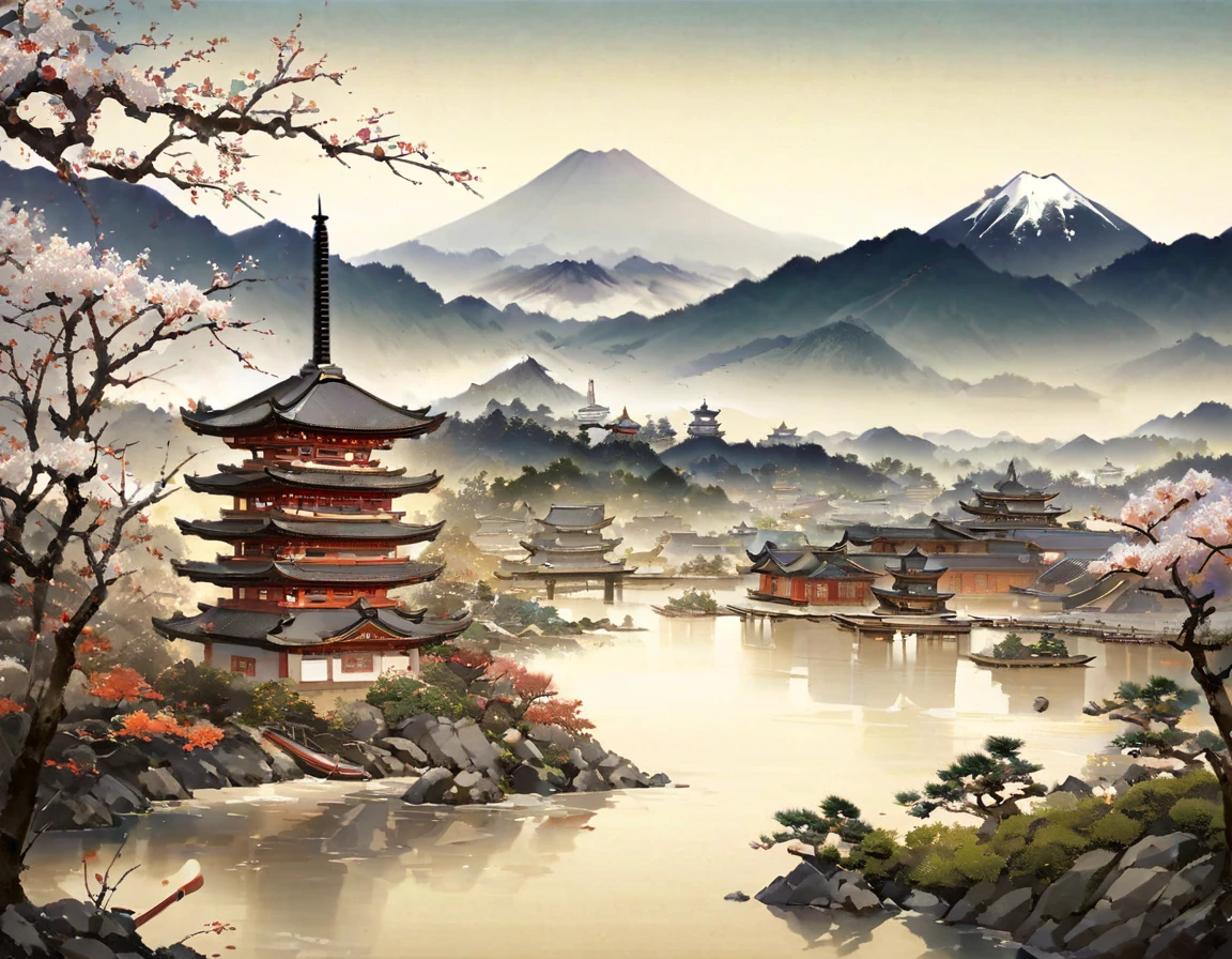 Berglandschaftsgemälde mit Fluss und Pagode, Landschaftskunstwerk, Japanischer Kunststil, Traditionelle japanische Malerei, Japanische Landschaften, Verletzt, Malerei im japanischen Stil, Traditionelle japanische Kunst, Japanischer Holzschnitt-Stil, Landschaftskunstdetail, Inspiriert von Urakami Gyodo, inspiriert von Hiroshige, Visuell atemberaubende Szenen, Japan