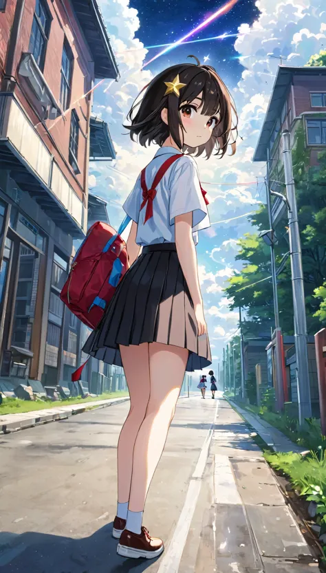 masterpiece,highest quality,miyamizu mitsuha, One girl, One boy, null, , Outdoor, ribbon, cloud, skirt, Diffraction Spikes, hair...