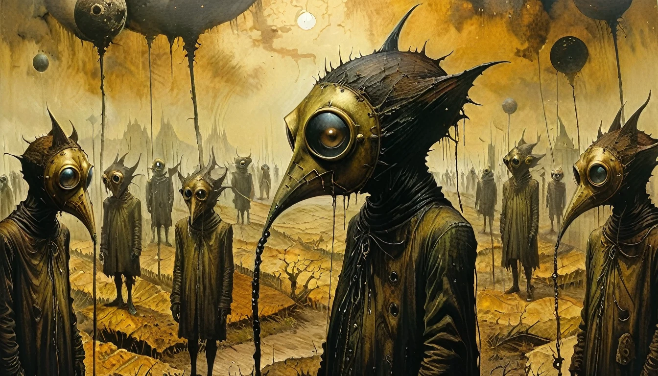 Paisaje alienígena surrealista, Máscara de peste, condenar, 4k, ultra detallado, by Duccio di Buoninsegna, Estilo Dave Mckean 