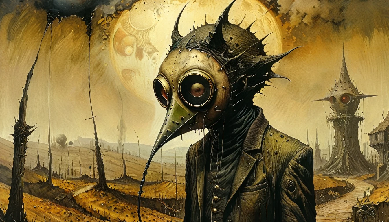 Paysage extraterrestre surréaliste, Masque de peste, perte, 4k, ultra-détaillé, de Duccio di Buoninsegna, À la manière de Dave McKean 