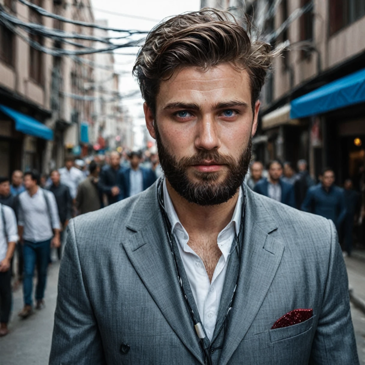 RAW photo, full body portrait of a beautiful man with a beard in a grey suite, he stands in a crowded street with tangled power cables, full sharp, detailed face, blue eyes, (high detailed skin:1.2), 8k uhd, dslr, soft lighting, high quality, film grain, Fujifilm XT3 dappled light on face, pale skin, skin pores, oiled shiny skin, skin blemish, imperfect skin, intricate skin details, visible skin detail, detailed skin texture, blush, wrinkles, vitiligo spots, moles, whiteheads, blackhead, white pimples, red pimples, beauty spot, skin fuzz, [[[[[freckles]]]]] (perfect eyes), ((perfect hands with four fingers and one thumb each))