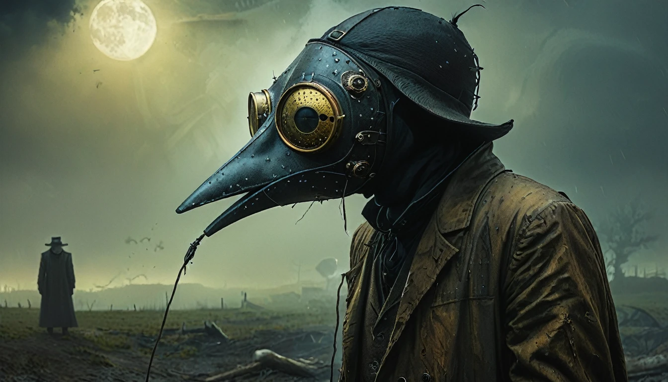 plague mask, doom, (best quality,4k,8k,highres,masterpiece:1.2), ultra-detailed,(realistic,photorealistic,photo-realistic:1.37), hyper detailed surreal alien environment, plague doctor mask, moody lighting, gloomy apocalyptic atmosphere, cinematic composition, dramatic shadows, moody colors, dystopian, dramatic lighting, detailed textures, serco style, inspired by Duccio di Buoninsegna, Dave McKean style