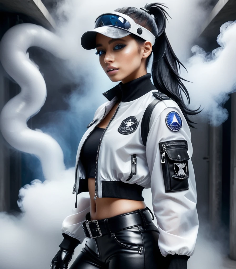 (nsfw), masterpiece, Best Quality, Realistic, Create an image of a young woman embodying futuristic fashion art. The scene should have the highest quality and realism, featuring an Instagram model named April. She should be shown in a full-body, wide-angle shot, standing confidently with a full body in the frame. She has an ultra-slim waist, medium firm breasts, a medium-sized buttocks, and beautiful sexy legs, showcasing sculptural beauty. Her skin is white and silky, with a thin neck and small head.

April is dressed in a striking white and black military print bodysuit paired with a sleek black leather belt with a futuristic metallic buckle and low-rise black leather shorts with zipper accents. She wears a sheer black mesh bomber jacket adorned with white and black military patches, and chunky black combat boots with silver hardware. Her look is fierce and bold, complemented by black fingerless gloves with white LED lights and high-tech accessories. She also sports a white and black camouflage print bucket hat and oversized black sunglasses with reflective lenses, adding an edgy attitude.

Her outfit is completed with a white and black military print backpack with multiple compartments, merging functionality with style. Her hair is styled in a sleek high ponytail with black and white ribbon accents, reflecting a futuristic hairstyle. April walks with a confident stride, exuding a hint of rebellion, embodying the essence of future street-chic fashion. She stands in a setting of concrete, fog, and mist, surrounded by realistic black shadows. Her face is detailed, cute, and slim, with a happy expression, duck mouth, perfect teeth, gray hair, and shiny blue eyes, looking directly at the viewer.