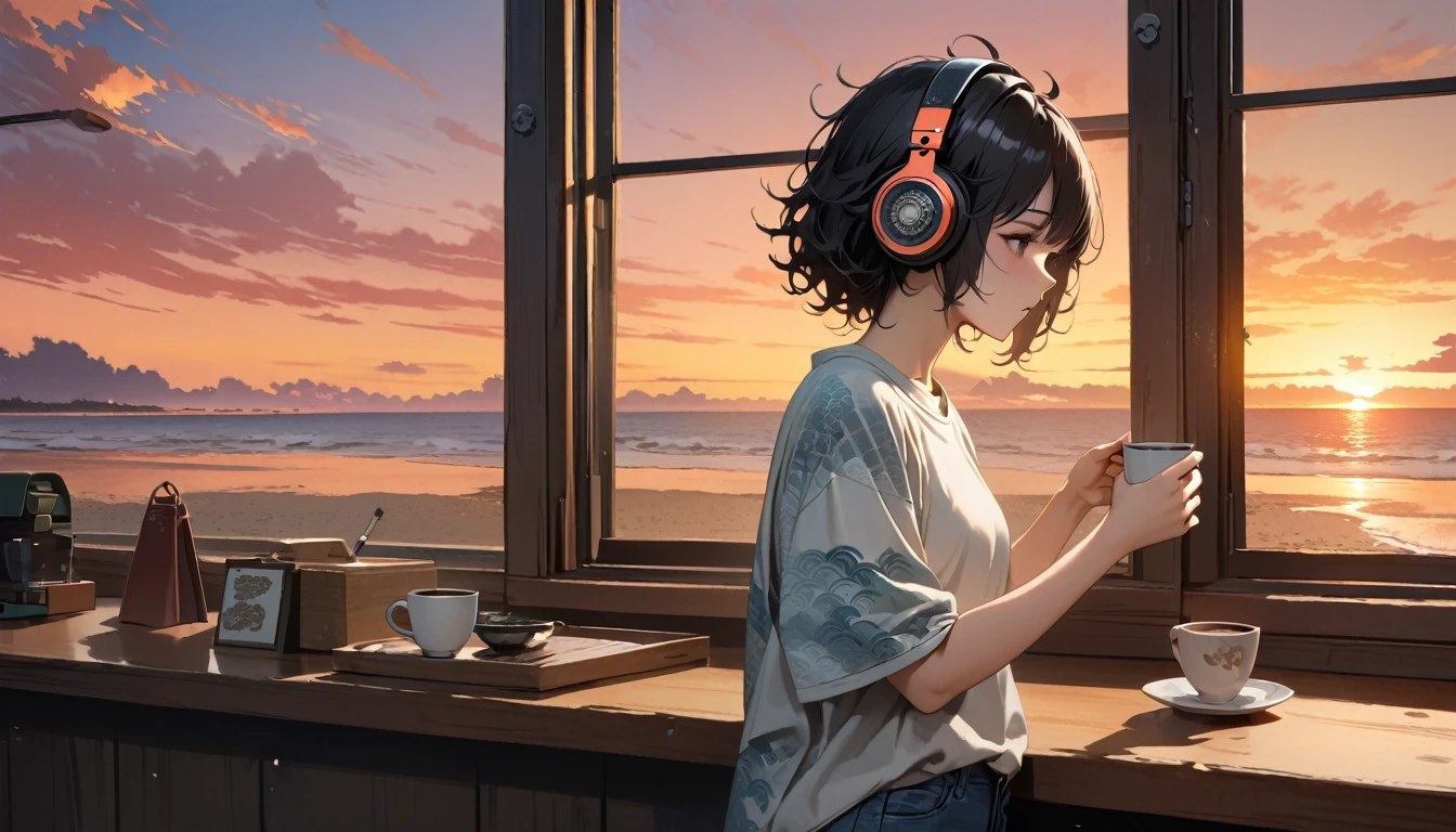 ((8k of extremely detailed CG unit, Masterpiece, high resolution, highest quality, highest quality real texture skin)), (((shoot from behind))), (wearing Japanese pattern headphones), ((1 girl)), ((Drinking coffee in a cozy cafe)), ((denim)), ((Sunset beach from the big window)), (Japanese pattern Tシャツ), (Black hair, messy hair, beige skin), (Surreal, digital painting)