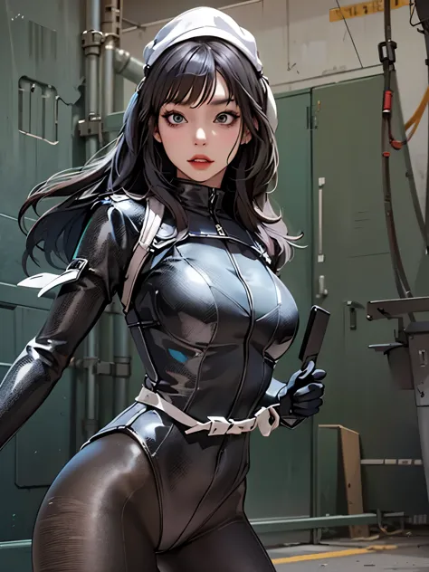 Woman wearing all-black rubber bodysuit, long straight black hair, dynamic movement, abandoned factory, looking at viewer