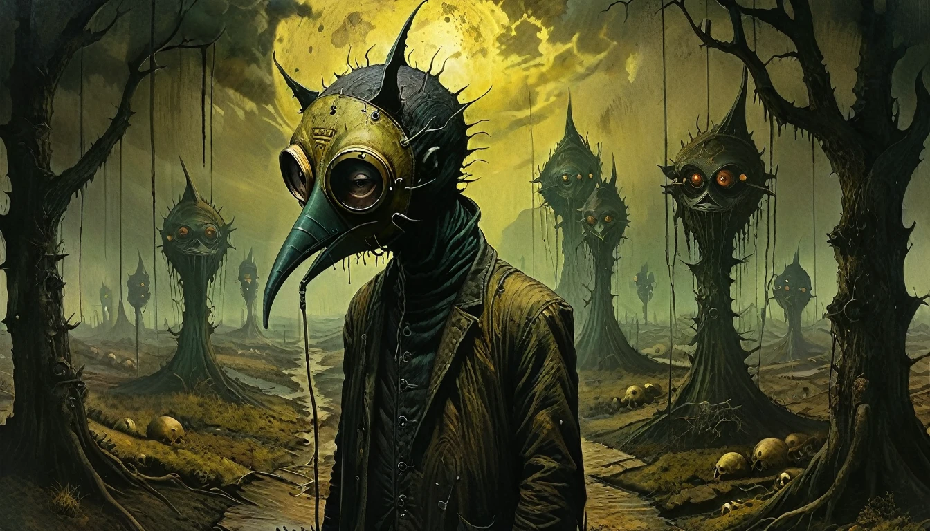 Surreal alien landscape, plague mask, doom, 4k, ultra-detailed, dramatic shadows, moody colors, dystopian, dramatic lighting, detailed textures, serco style, inspired by Duccio di Buoninsegna, Dave McKean style