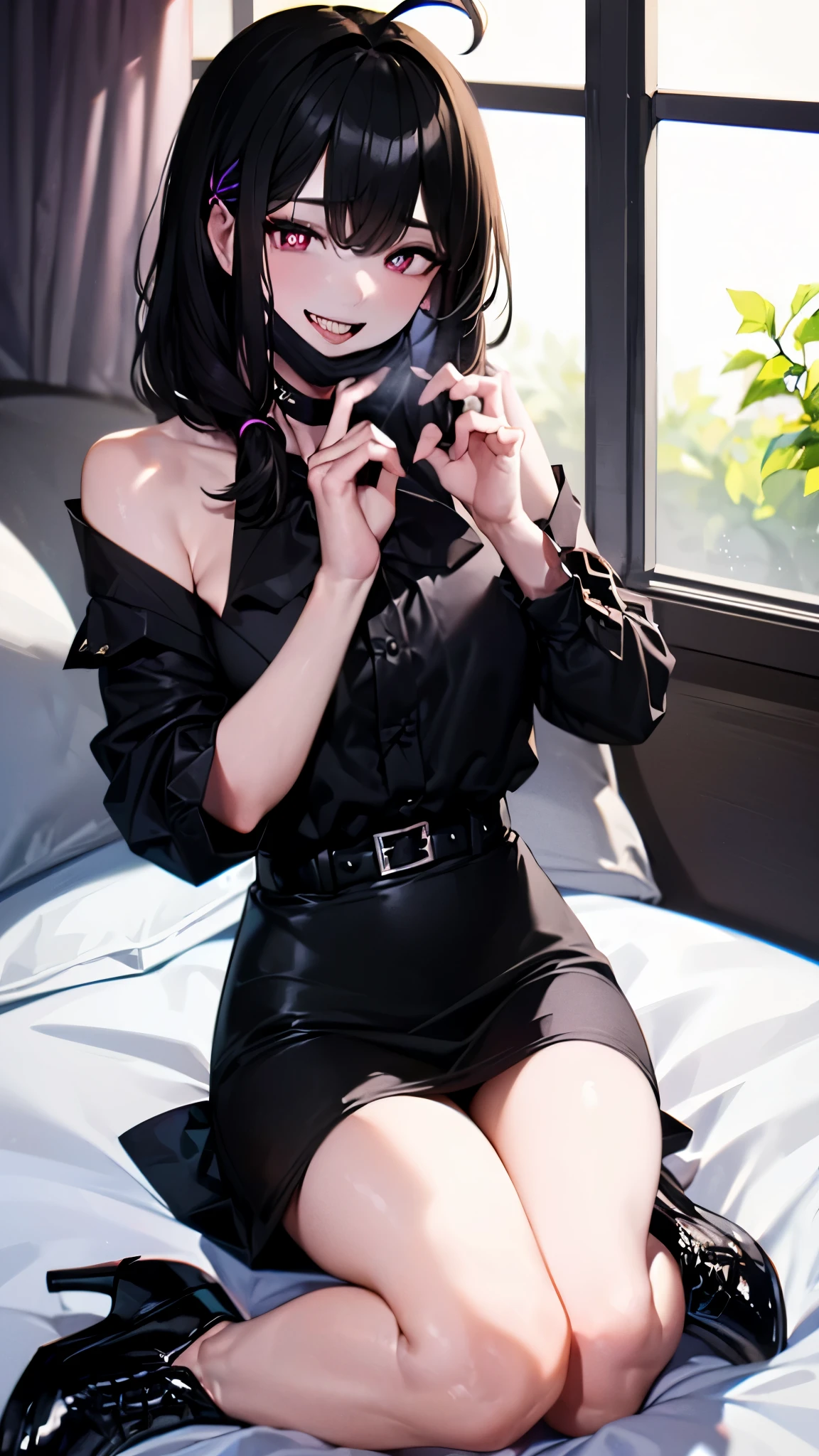  ((((Open your mouth))))、(masterpiece,Realistic depiction、highest quality,High resolution, Top-of-the-line specifications、Very detailed,bb Festival),skinny,Ahoge,Black Hair,(((((  Captivating smile ))))),skinny,Hair between the eyes,bangs,Hair Dark Brown Skin、Ribbon,Black Choker,Earrings,Black Ribbon,pleats shirt,Grey Shirt,shoulder cutout,Short sleeve,See-through sleeves,Black Skirt,High Waist Skirt,(((( Perfect Fingers )))) ,  shoes,(black shoes:1.4),Race trim,shoes,Black footwear,indoor,(sexy bed:1.2),((Heart-shaped pupils:1.3, Blowjob Gestures:1.5))、Open your mouth ,Sitting, bed ,Heavy breathing ,Hand in front of your mouth,Hand in front of mouth, manga,text,magazine、(Black medical mask pull:1.3, Dark Room:1.5, Dim lighting:1.5)、Sharp Eye