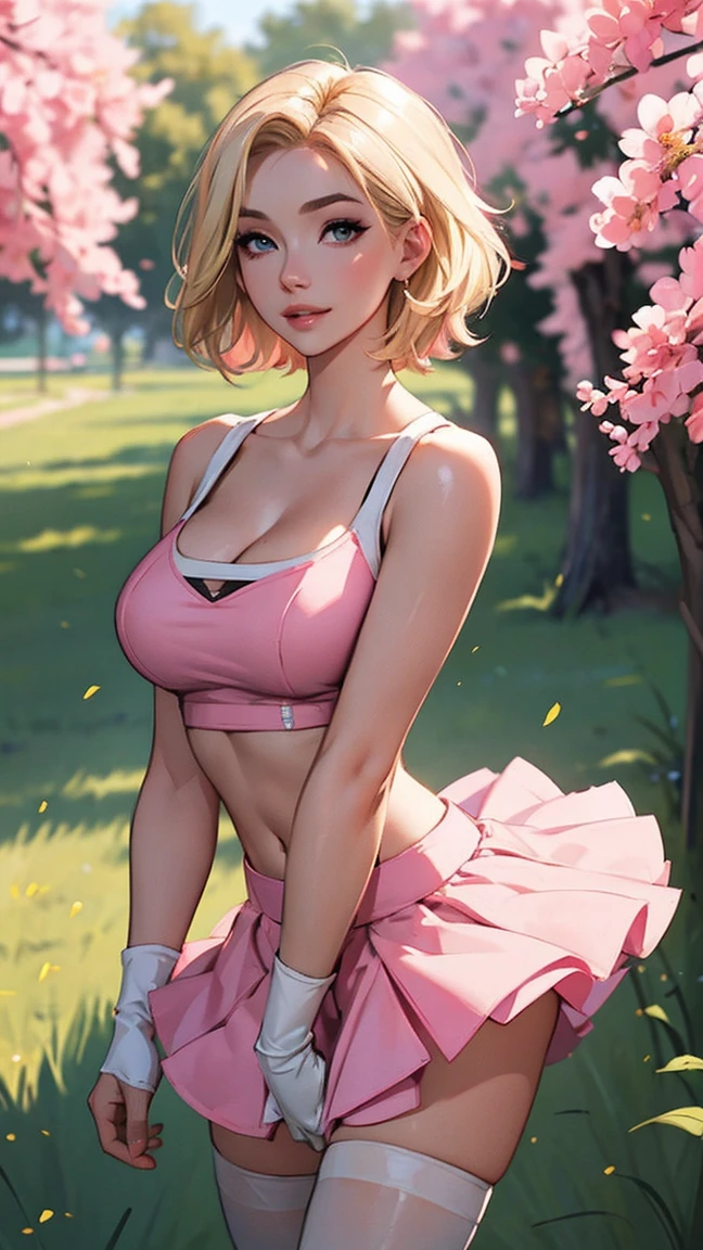 Highest Quality, ​masterpiece, beautifully detailed eyes,, short Blonde Hair, Gradient Hair, pink highlights in hair, large breasts, standing, makeup, glossy lips, full lips, (natural lighting), grass, cheerleader, light smile, midriff, collarbone, thigh highs, miniskirt, cleavage