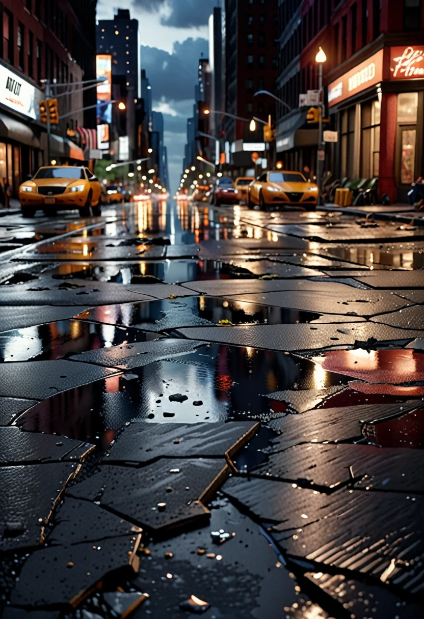 A New York street at night, after a superhero battle, with damaged buildings, debris and rubble on the cracked asphalt, looking down the street stretching to the horizon, photorealism, realistic, 4k, high quality, 35mm photograph, film, bokeh, professional, 4k, highly detailed